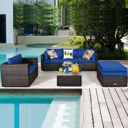 6 pieces patio rattan furniture set with sectional cushion, outdoor wicker sofa set with ottomans & glass table for yard