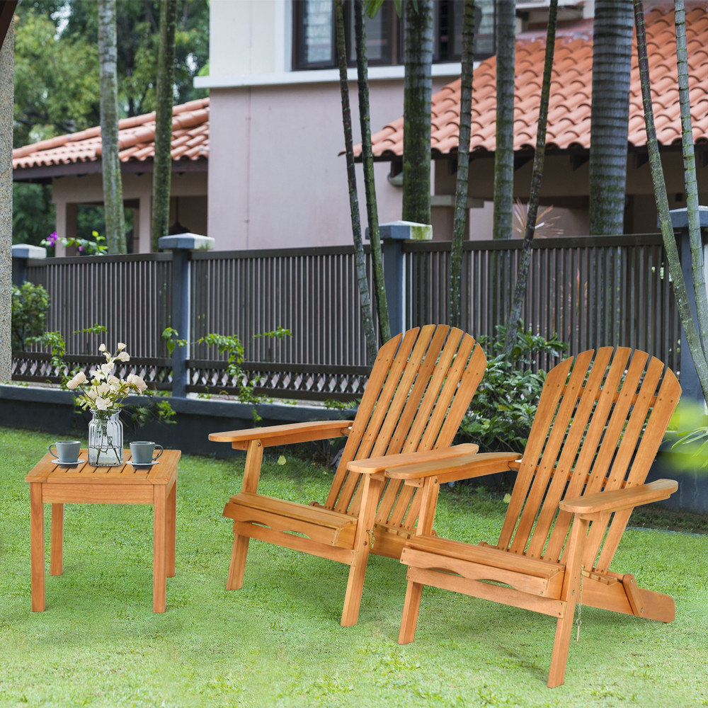 3 Pieces Adirondack Chair Set with Widened Armrest, Foldable Outdoor Wood Patio Furniture with Side Table for Garden