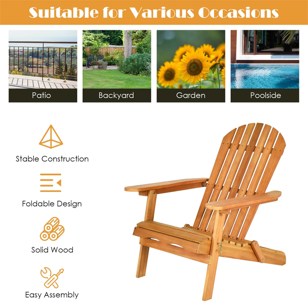 3 Pieces Adirondack Chair Set with Widened Armrest, Foldable Outdoor Wood Patio Furniture with Side Table for Garden