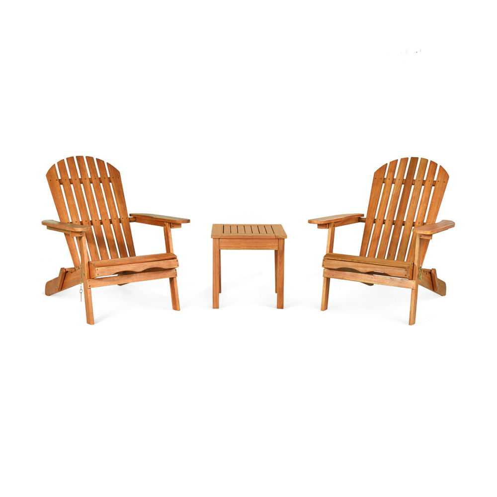 3 Pieces Adirondack Chair Set with Widened Armrest, Foldable Outdoor Wood Patio Furniture with Side Table for Garden