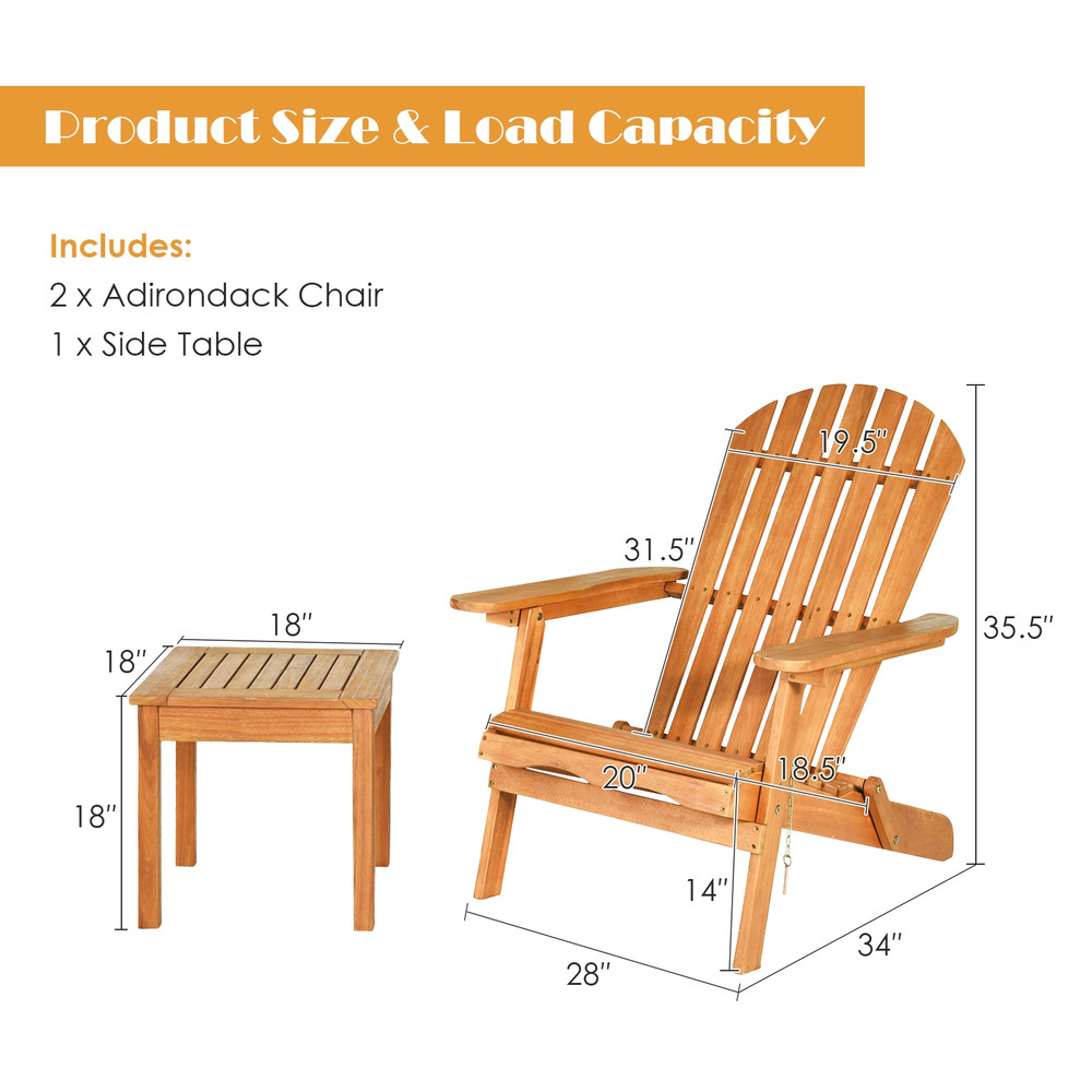 3 Pieces Adirondack Chair Set with Widened Armrest, Foldable Outdoor Wood Patio Furniture with Side Table for Garden