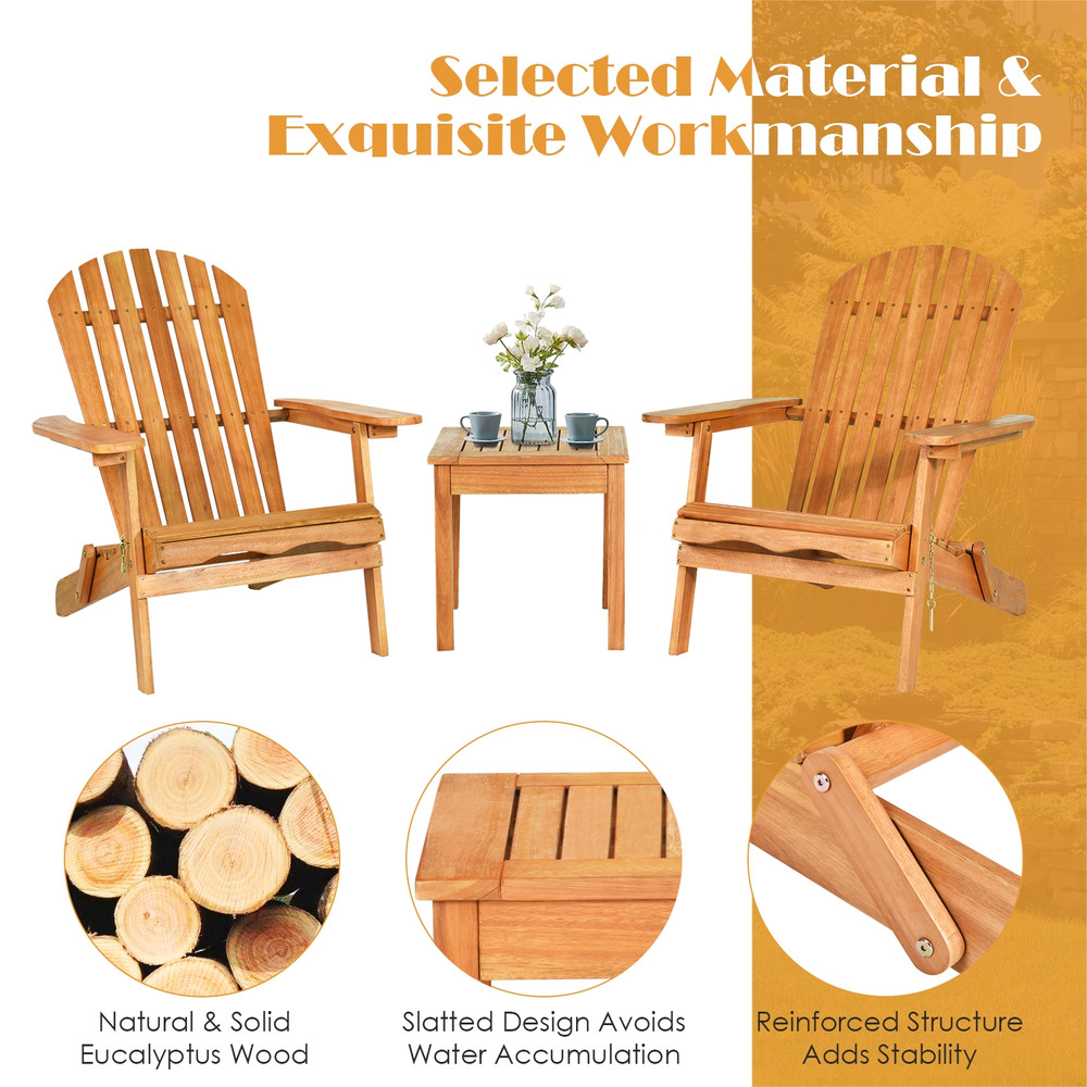 3 Pieces Adirondack Chair Set with Widened Armrest, Foldable Outdoor Wood Patio Furniture with Side Table for Garden