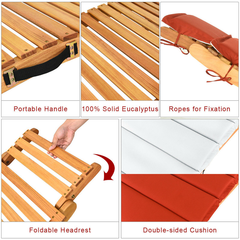 Folding Patio Lounge Chair With Double Sided Cushioned Seat Eucalyptus Wood  Weather Resistant 6