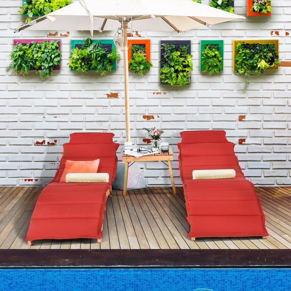 3 Piece Folding Patio Lounge Chair Set with Side Table Eucalyptus Wood & Double Sided Cushioned Seat