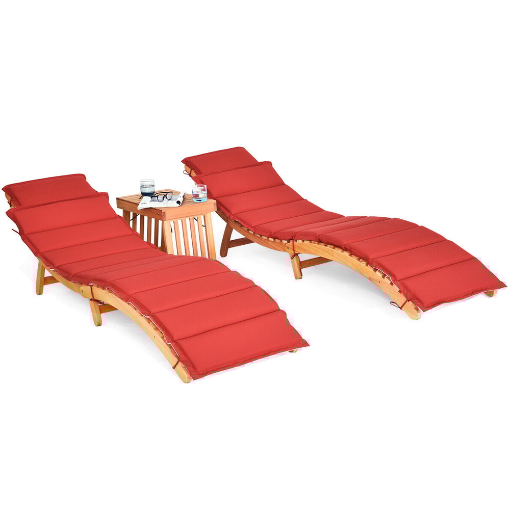 3 Piece Folding Patio Lounge Chair Set with Side Table Eucalyptus Wood & Double Sided Cushioned Seat