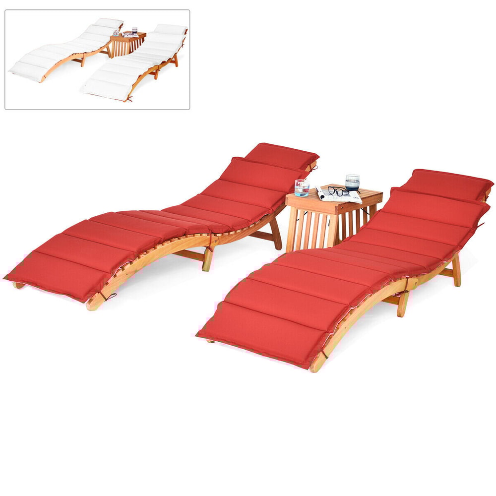 3 Piece Folding Patio Lounge Chair Set with Side Table Eucalyptus Wood & Double Sided Cushioned Seat