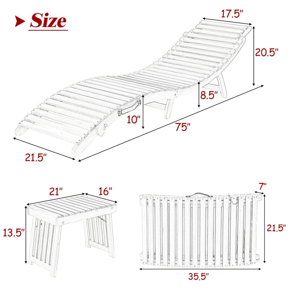 3 Piece Folding Patio Lounge Chair Set with Side Table Eucalyptus Wood & Double Sided Cushioned Seat
