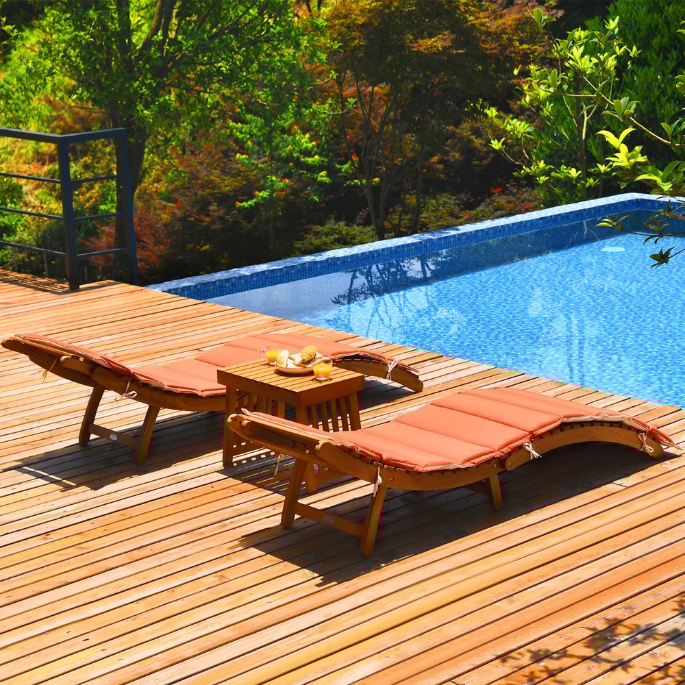 3 Piece Folding Patio Lounge Chair Set with Side Table Eucalyptus Wood & Double Sided Cushioned Seat