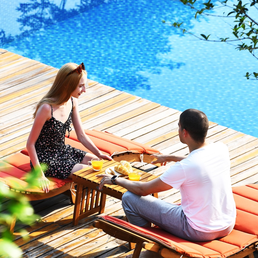 3 Piece Folding Patio Lounge Chair Set with Side Table Eucalyptus Wood & Double Sided Cushioned Seat