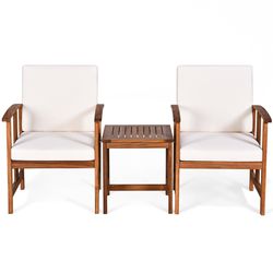 solid acacia wood outdoor patio sofa set, modern wooden lounge chairs with thick cushions & coffee table for garden use