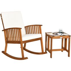 outdoor acacia wood rocking chair and table set, sturdy wooden porch rockers with cushions for patio, lawn or balcony