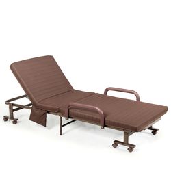 folding guest bed with mattress and wheels, adjustable bed frame with 6 reclining positions, storage pocket & lockable