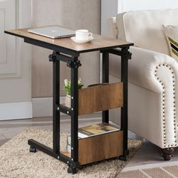 adjustable c-shape mobile snack end table with storage shelves & wheels, industrial sofa side table for living room