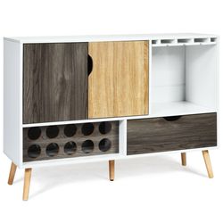 modern mid-century buffet sideboard wooden storage cabinet with adjustable shelves, drawer & wine storage for dining