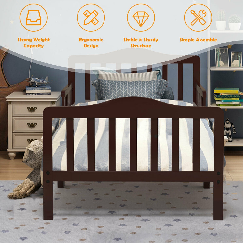 Classic Design Kids Wood Toddler Bed Frame With Two Side Safety Guardrails Durable Safe Easy To As 3