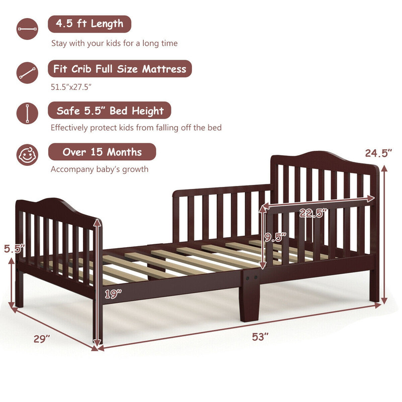 Classic Design Kids Wood Toddler Bed Frame With Two Side Safety Guardrails Durable Safe Easy To As 7