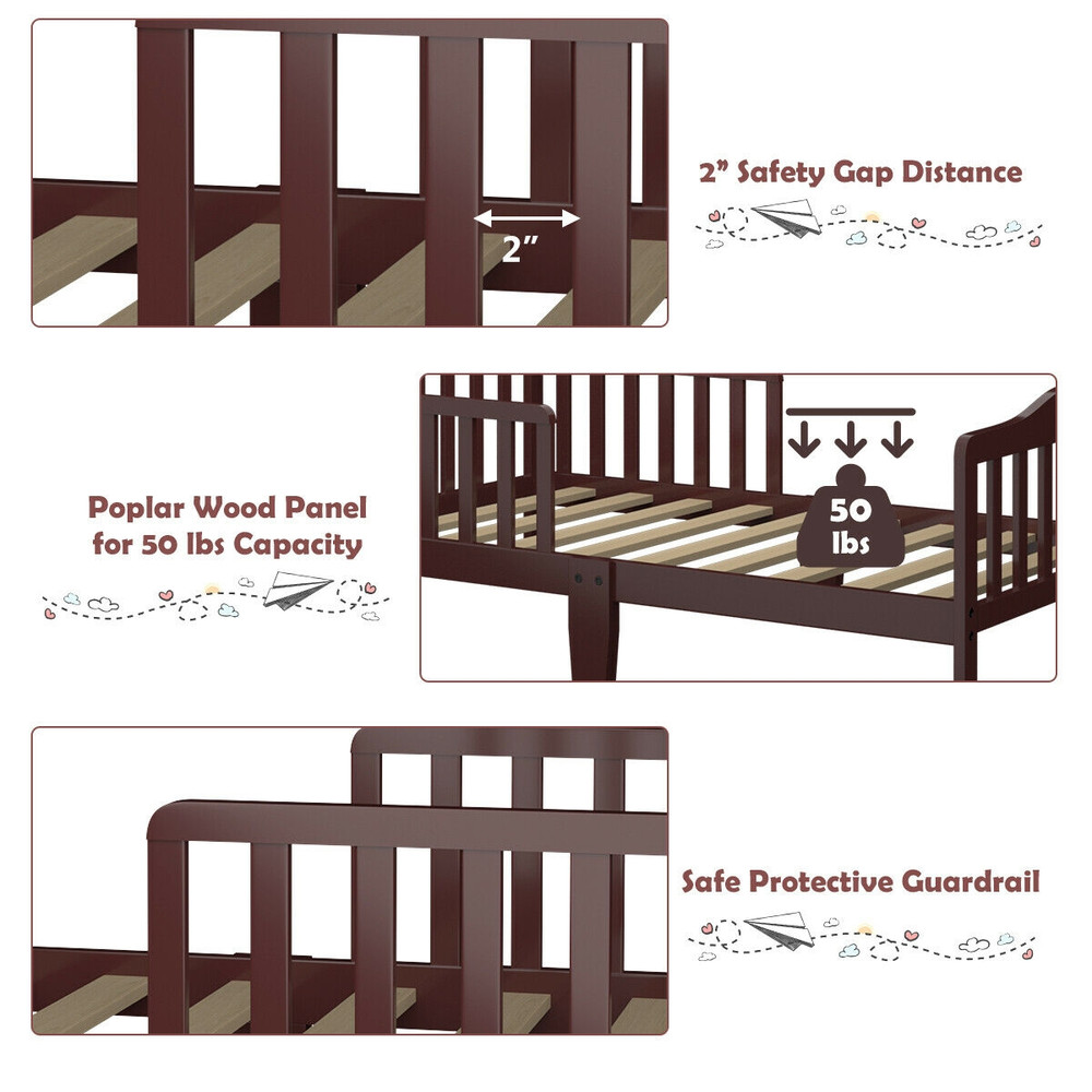 Classic Design Kids Wood Toddler Bed Frame With Two Side Safety Guardrails Durable Safe Easy To As 4