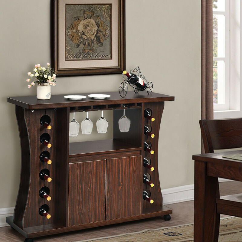 Rolling Buffet Sideboard with Wine Rack, Wooden Bar Storage Cabinet on Wheels