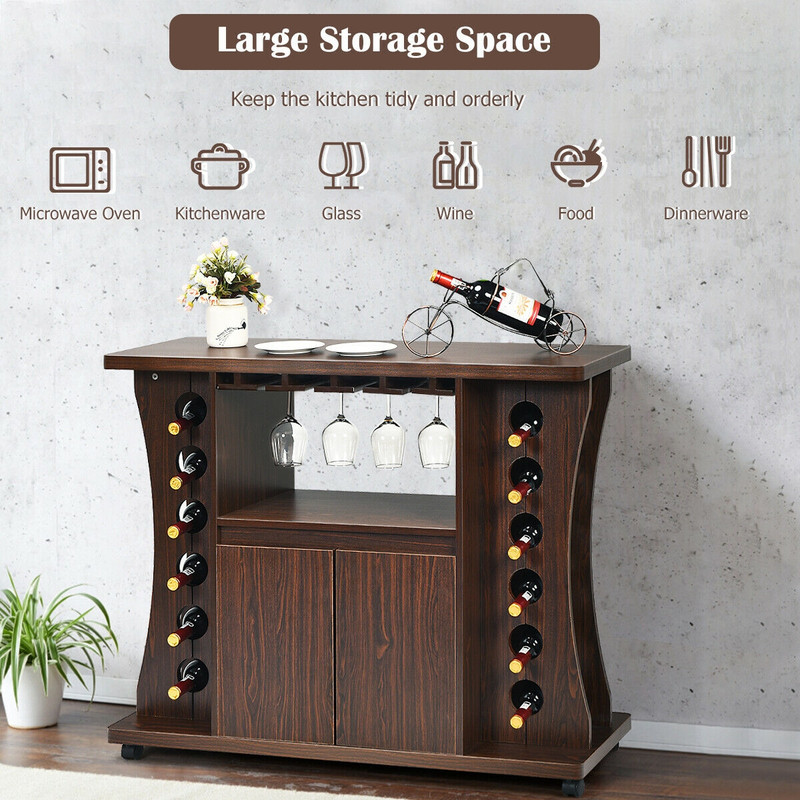Rolling Buffet Sideboard with Wine Rack, Wooden Bar Storage Cabinet on Wheels