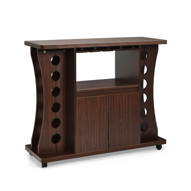 Rolling Buffet Sideboard with Wine Rack, Wooden Bar Storage Cabinet on Wheels