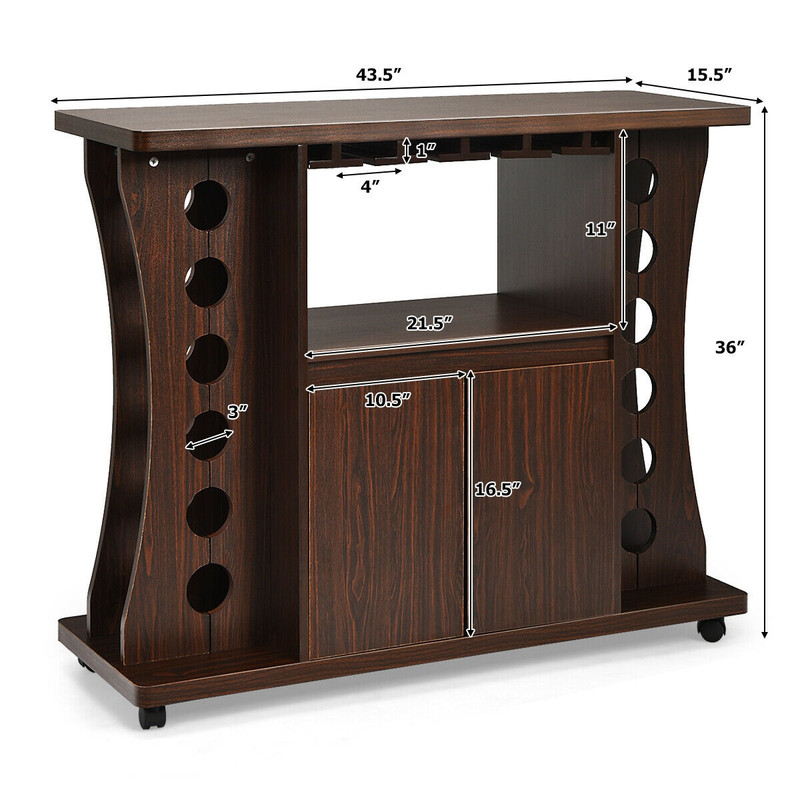Rolling Buffet Sideboard with Wine Rack, Wooden Bar Storage Cabinet on Wheels