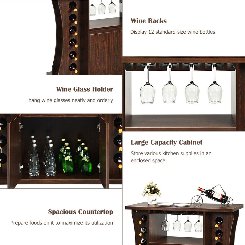 Rolling Buffet Sideboard with Wine Rack, Wooden Bar Storage Cabinet on Wheels