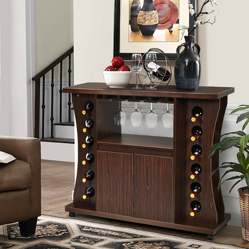 Rolling Buffet Sideboard with Wine Rack, Wooden Bar Storage Cabinet on Wheels