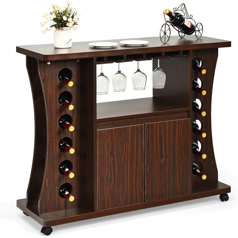 Rolling Buffet Sideboard with Wine Rack, Wooden Bar Storage Cabinet on Wheels