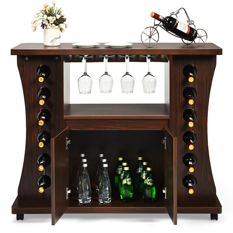 Rolling Buffet Sideboard with Wine Rack, Wooden Bar Storage Cabinet on Wheels
