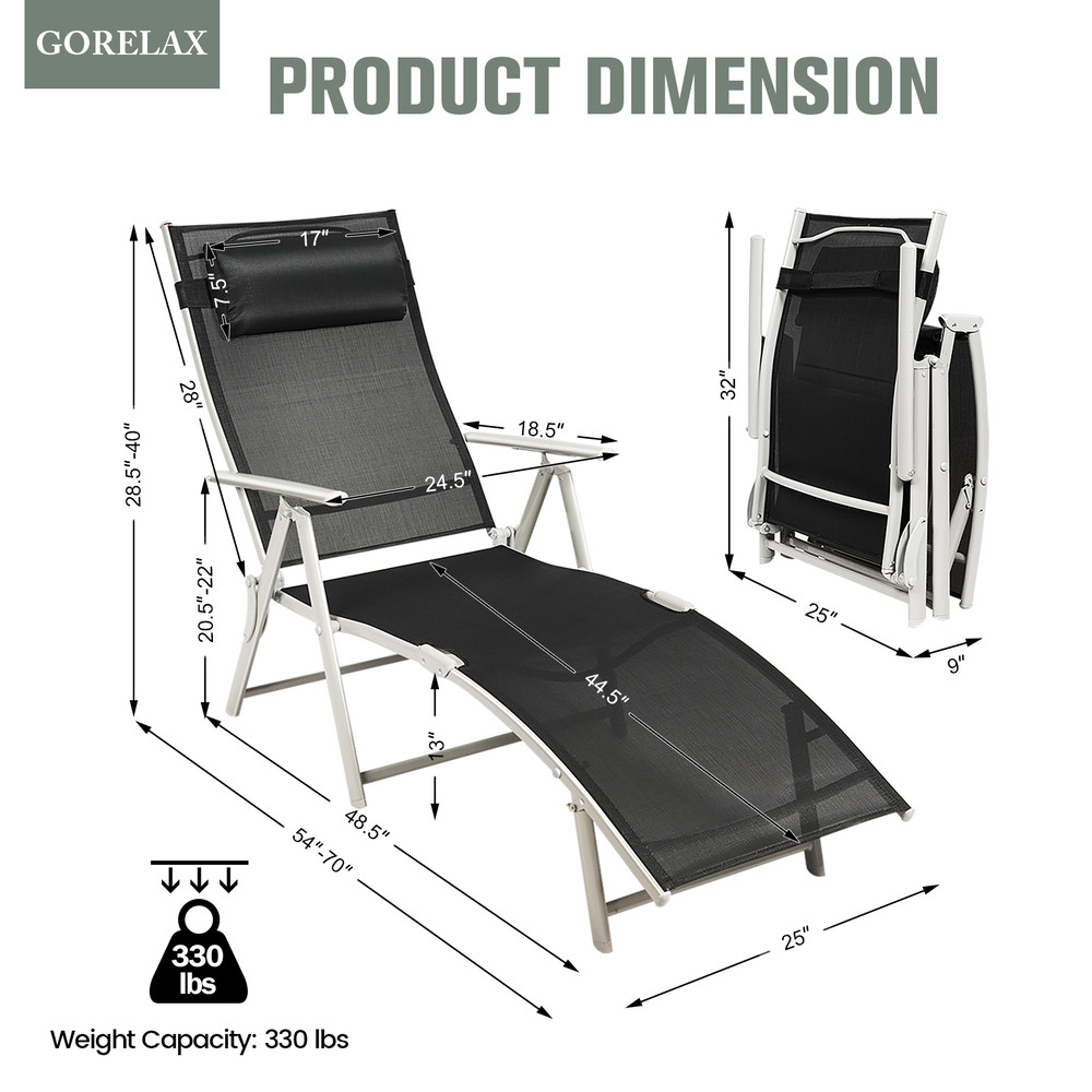 Adjustable Outdoor Lightweight Folding Chaise Lounge Chair with Pillow, Portable & Weather-Resistant