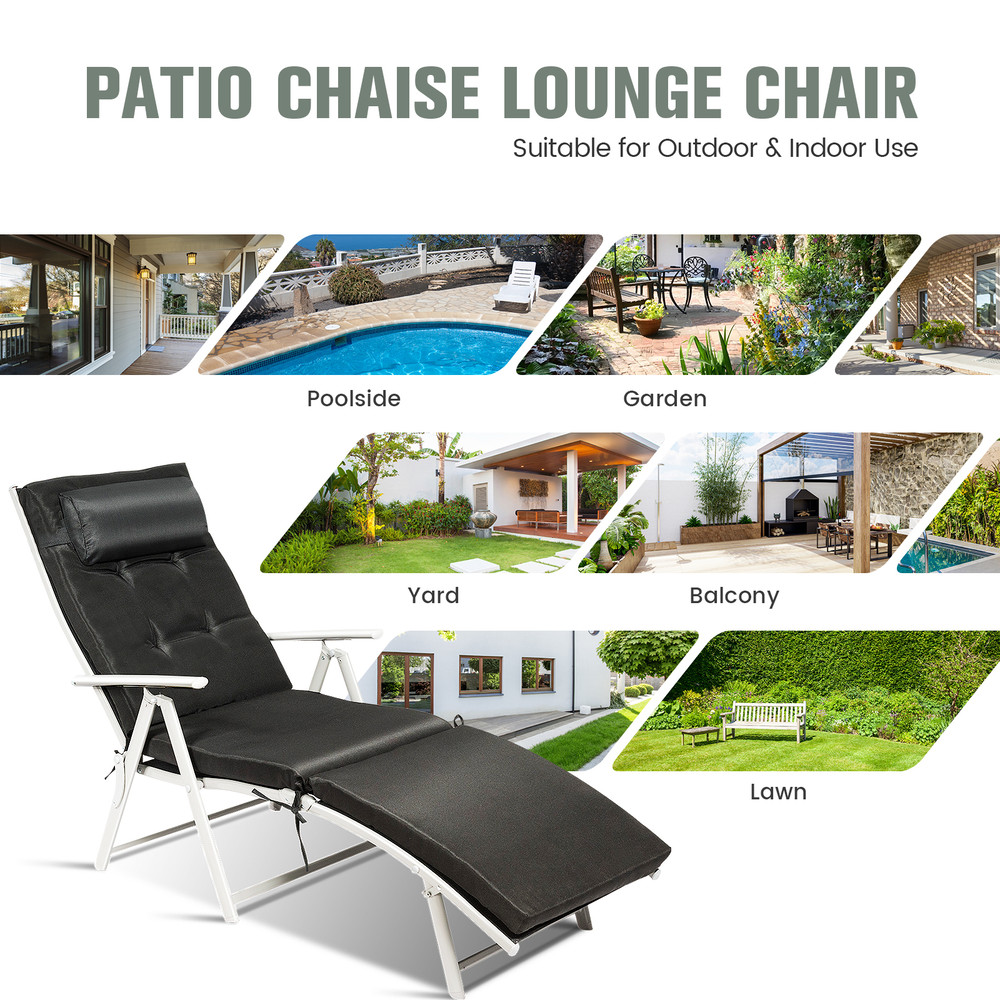 Adjustable Outdoor Lightweight Folding Chaise Lounge Chair with Pillow, Portable & Weather-Resistant