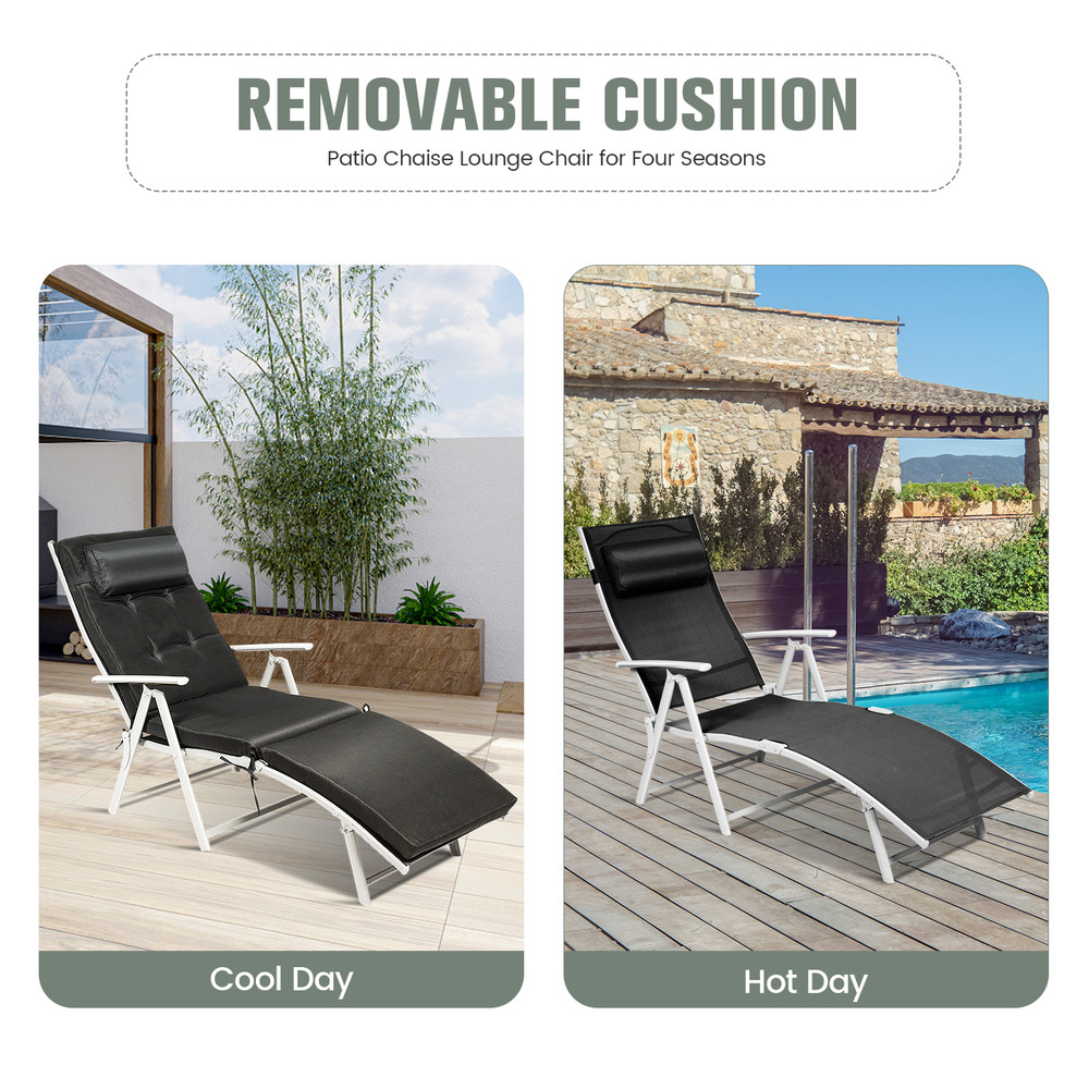 Adjustable Outdoor Lightweight Folding Chaise Lounge Chair with Pillow, Portable & Weather-Resistant