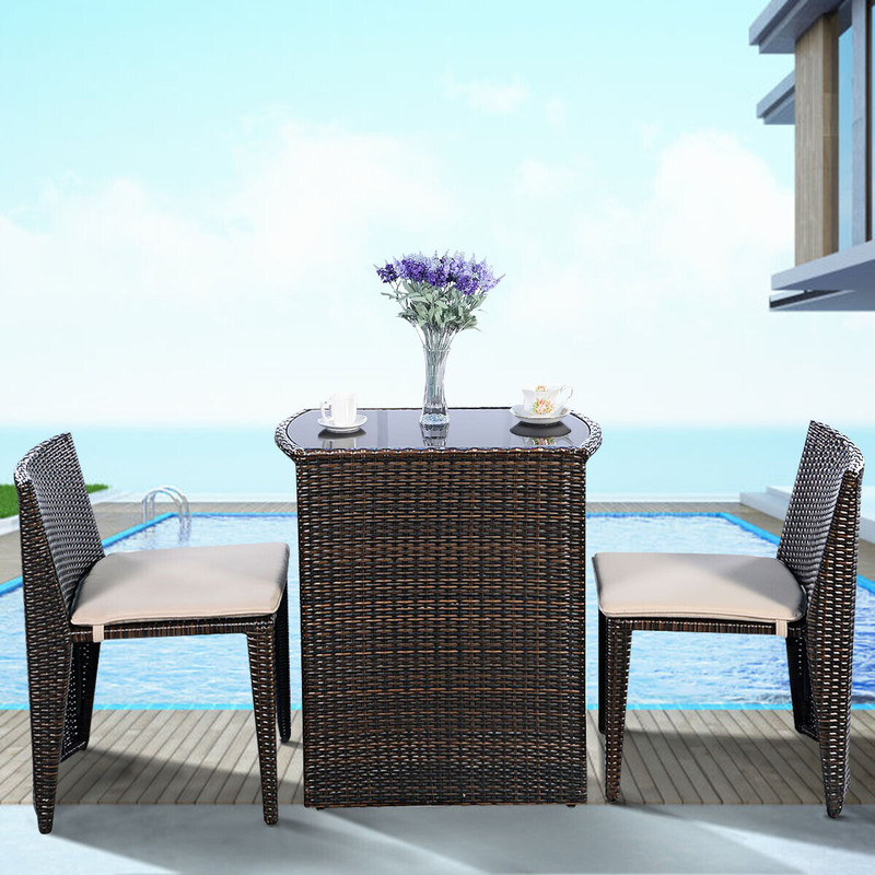 3-Piece Cushioned Wicker Patio Bistro Set – No Assembly Needed, Steel Frame & Tempered Glass Table