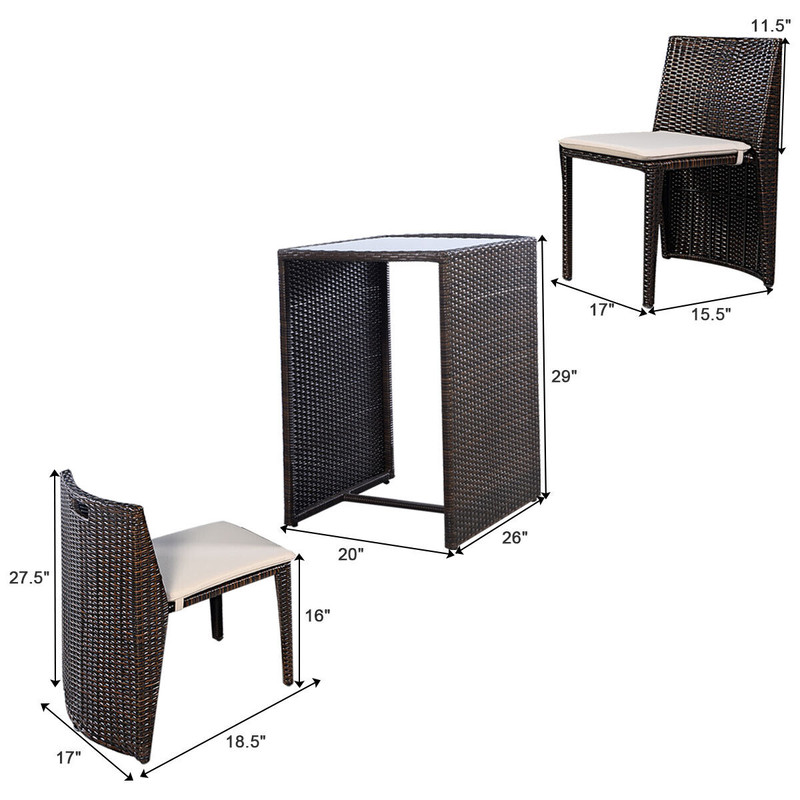 3-Piece Cushioned Wicker Patio Bistro Set – No Assembly Needed, Steel Frame & Tempered Glass Table