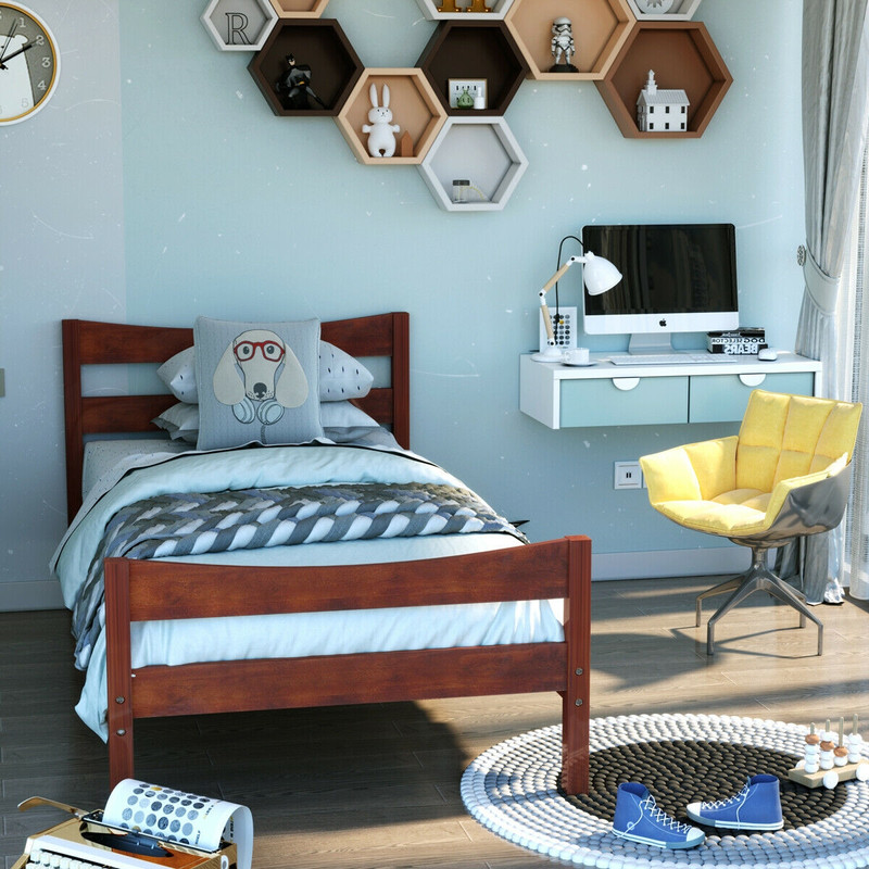 Twin Size Rustic Style Platform Bed Frame with Headboard and Footboard, Solid Pine Wood, Sturdy & Noise-Free