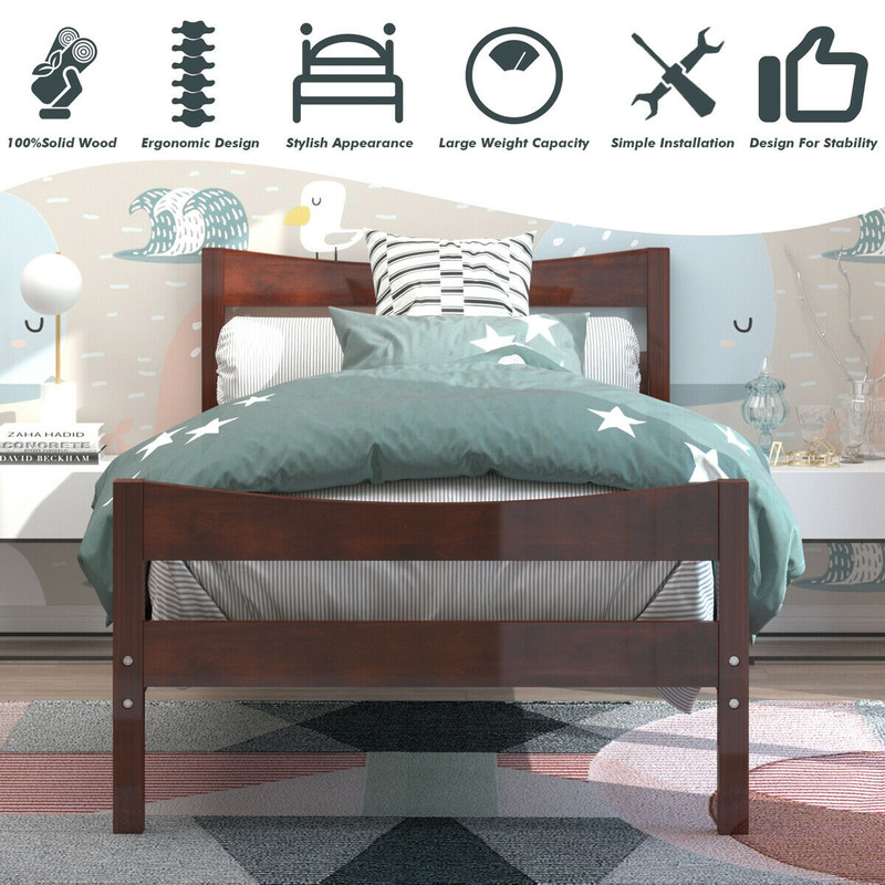 Twin Size Rustic Style Platform Bed Frame with Headboard and Footboard, Solid Pine Wood, Sturdy & Noise-Free