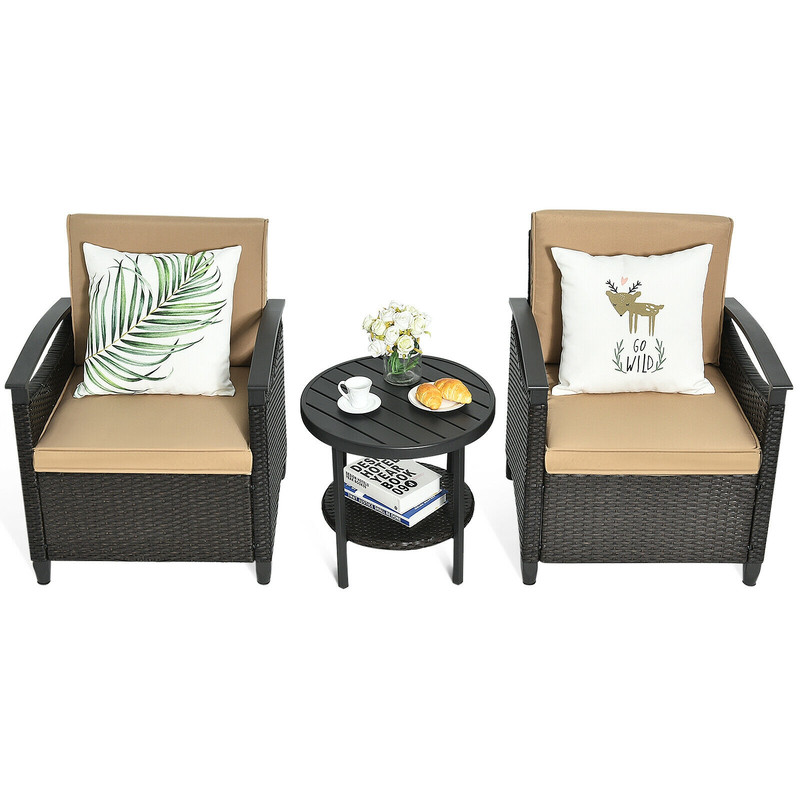 3-Piece Patio Rattan Furniture Set with Cushioned Sofa & Storage Table for Garden