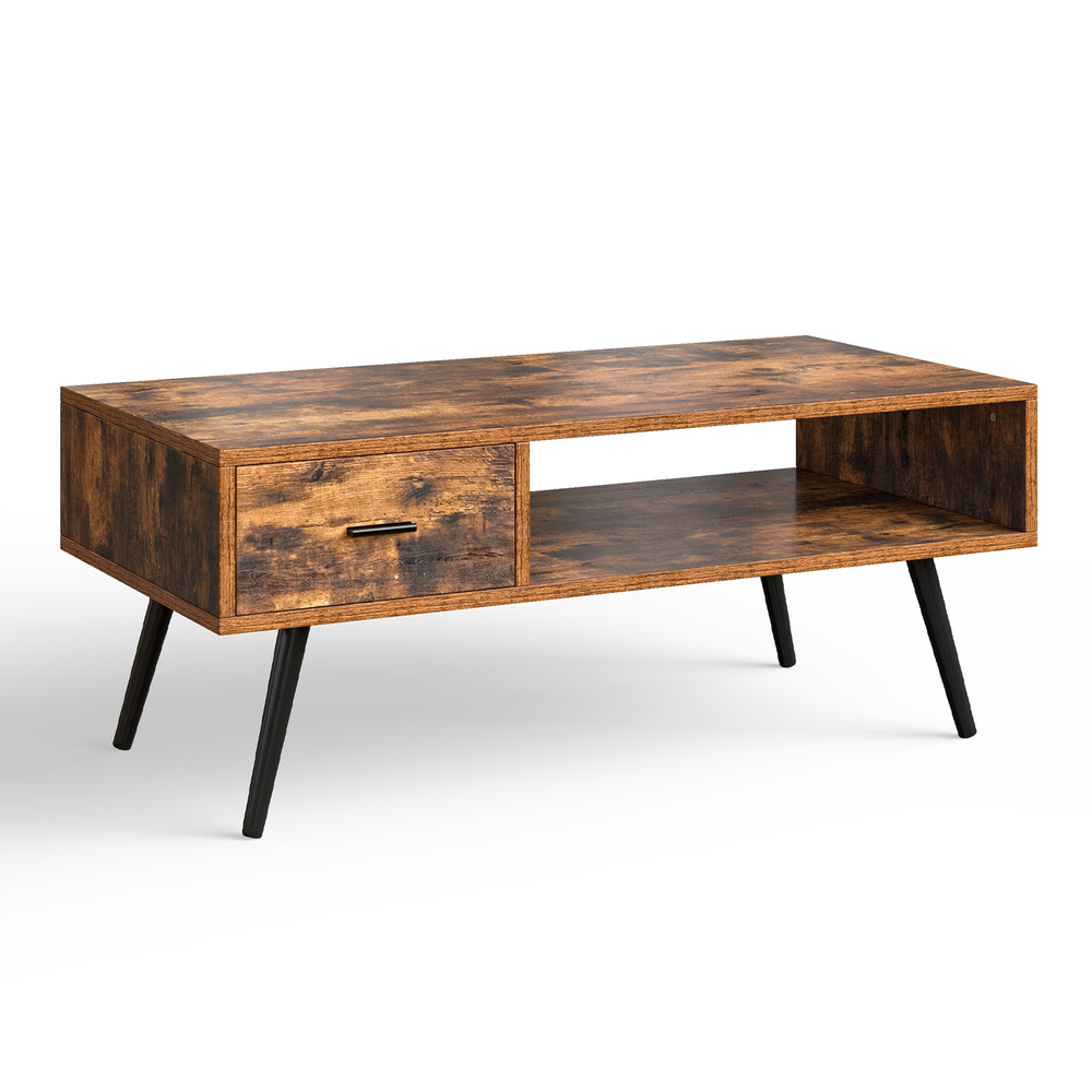 Retro Rectangular Coffee Table with Drawer and Storage Shelf – Mid-Century Modern Accent Table