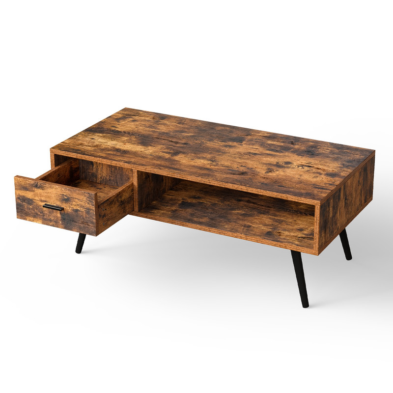 Retro Rectangular Coffee Table with Drawer and Storage Shelf – Mid-Century Modern Accent Table