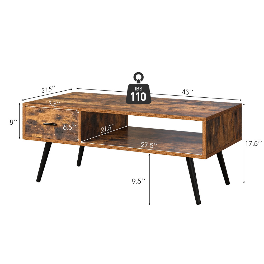 Retro Rectangular Coffee Table with Drawer and Storage Shelf – Mid-Century Modern Accent Table