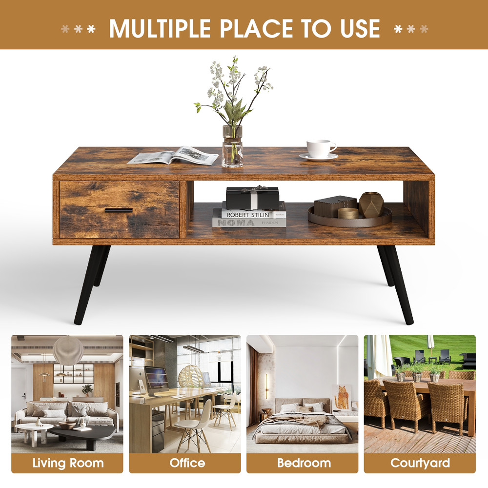 Retro Rectangular Coffee Table with Drawer and Storage Shelf – Mid-Century Modern Accent Table