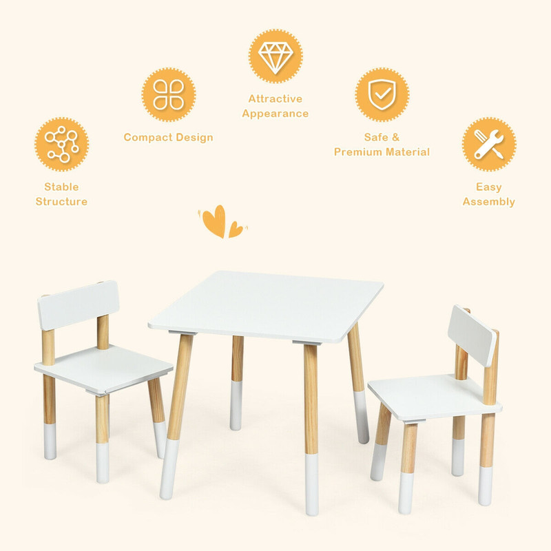 Kids Wooden Table and 2 Chairs Set, Sturdy, Multifunctional Toddler Furniture for Play & Study
