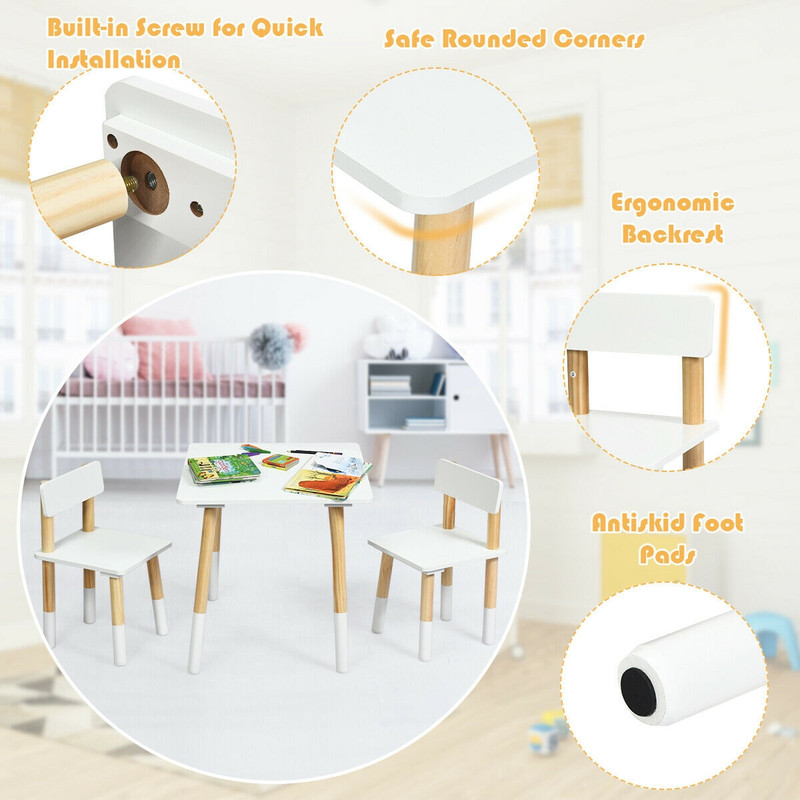 Kids Wooden Table and 2 Chairs Set, Sturdy, Multifunctional Toddler Furniture for Play & Study