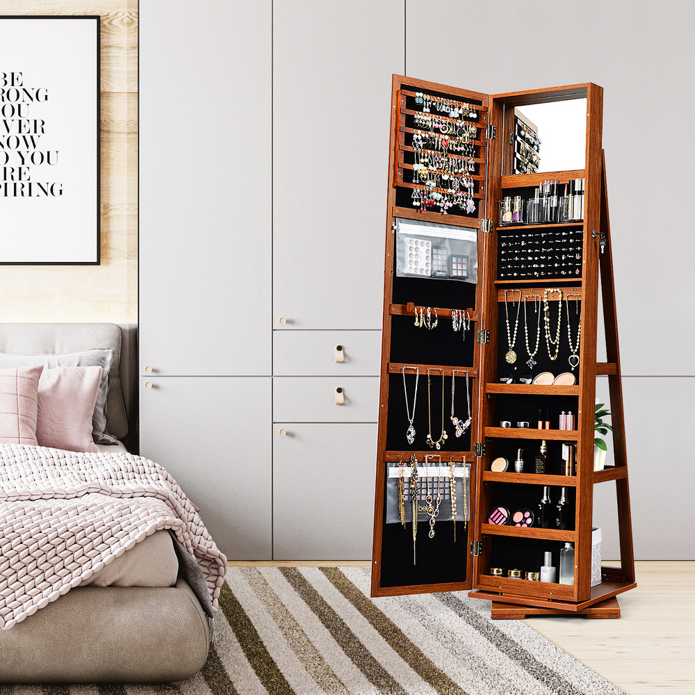 360° Rotatable 2-in-1 Lockable Jewelry Cabinet with Full-Length Mirror, Freestanding Jewelry Armoire Organizer