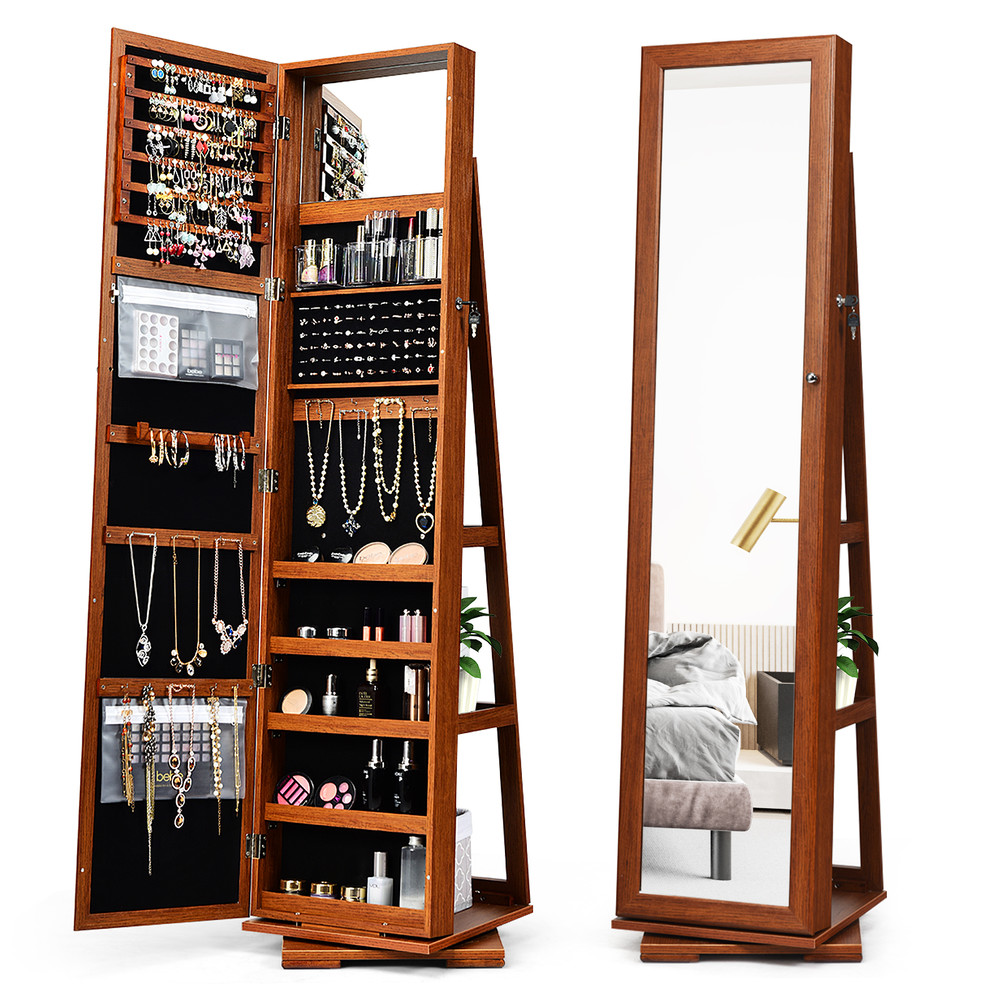 360° Rotatable 2-in-1 Lockable Jewelry Cabinet with Full-Length Mirror, Freestanding Jewelry Armoire Organizer