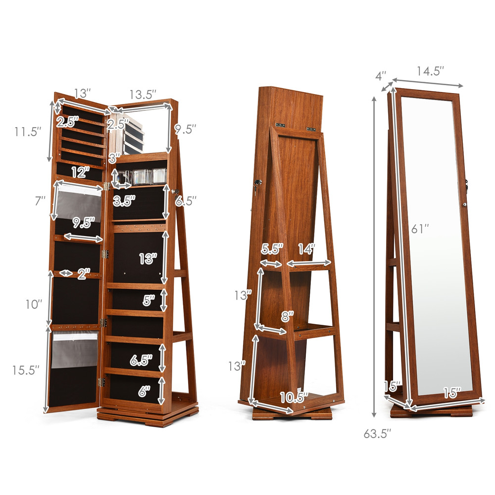 360° Rotatable 2-in-1 Lockable Jewelry Cabinet with Full-Length Mirror, Freestanding Jewelry Armoire Organizer