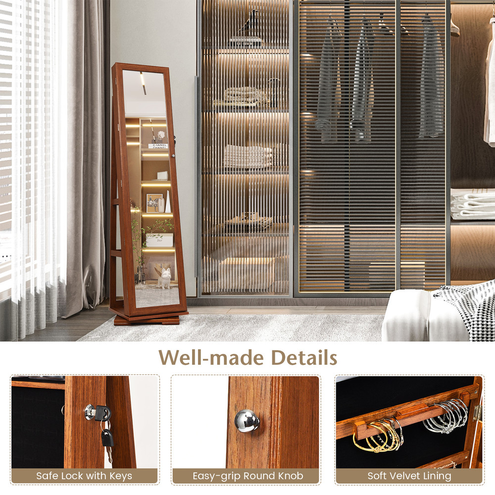 360° Rotatable 2-in-1 Lockable Jewelry Cabinet with Full-Length Mirror, Freestanding Jewelry Armoire Organizer