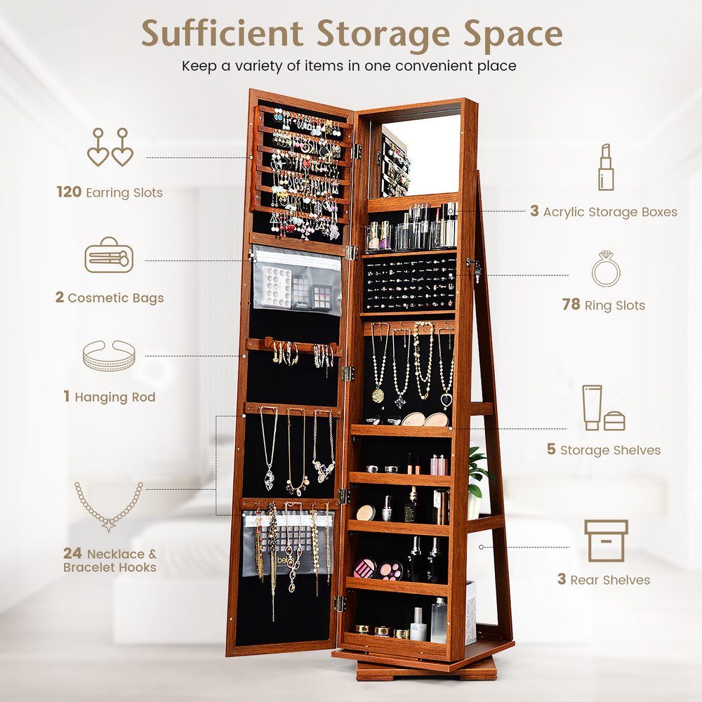 360° Rotatable 2-in-1 Lockable Jewelry Cabinet with Full-Length Mirror, Freestanding Jewelry Armoire Organizer