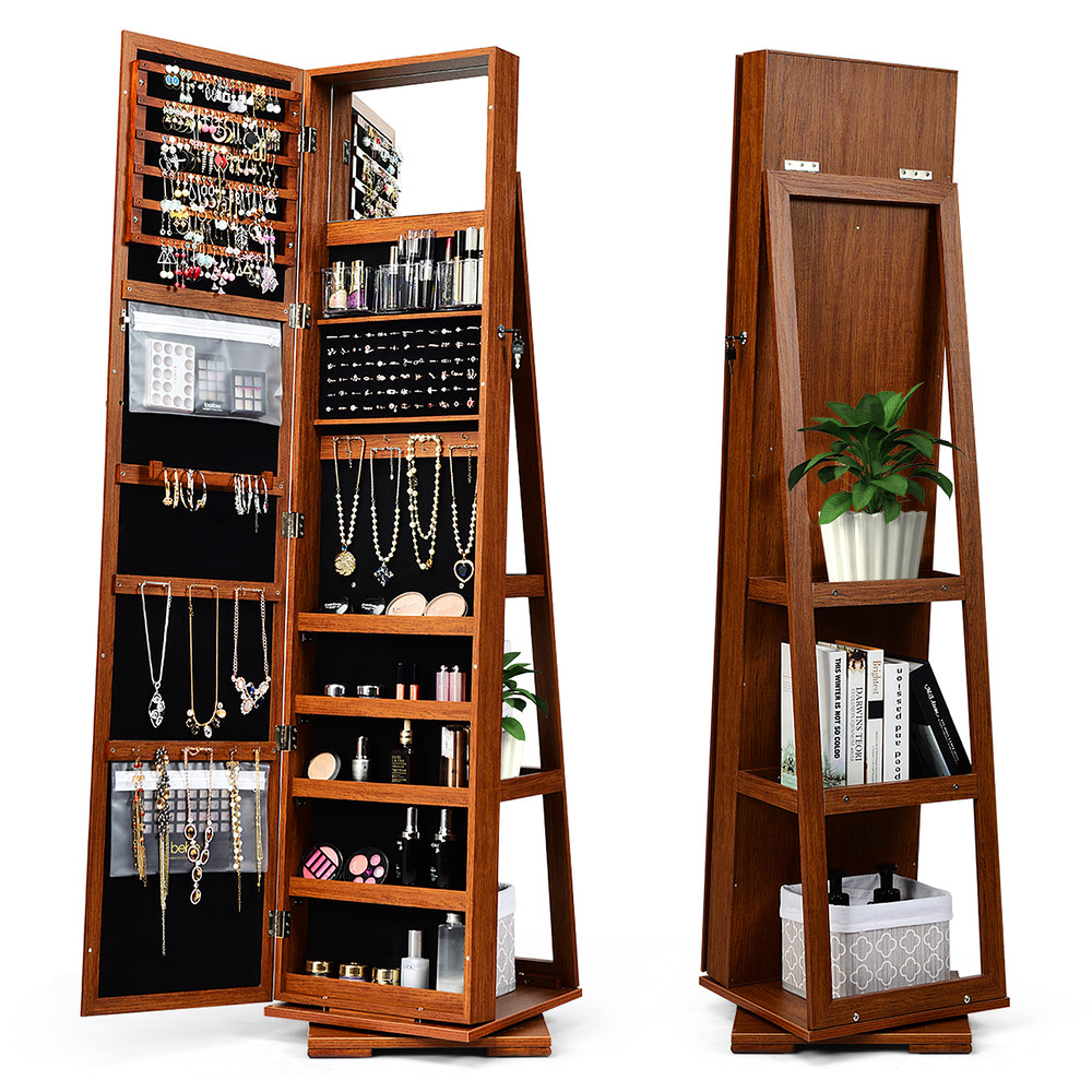 360° Rotatable 2-in-1 Lockable Jewelry Cabinet with Full-Length Mirror, Freestanding Jewelry Armoire Organizer