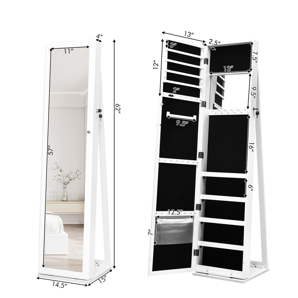 Standing Lockable Jewelry Storage Organizer with Full-Length Mirror – Freestanding Jewelry Armoire & Dressing Mirror